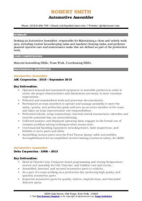 automotive assembler resume.